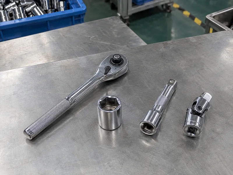 Ratchet, socket, extension bar and universal joint arranged separately
