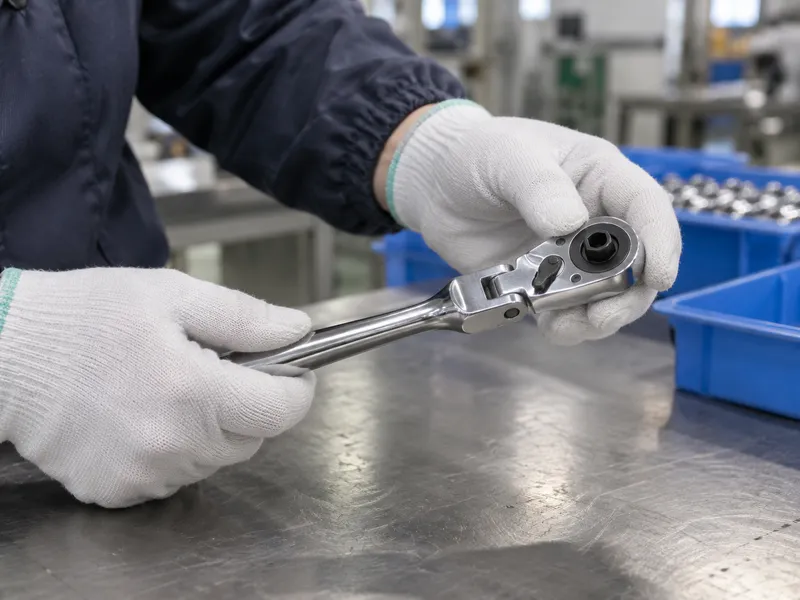 Gloved hands inspect the pivot and selector of a flex-head ratchet