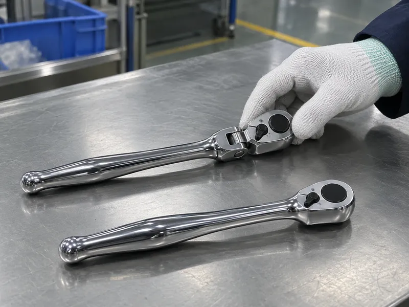 Gloved hand checks the pivot on an unloaded flex-head ratchet beside a fixed ratchet