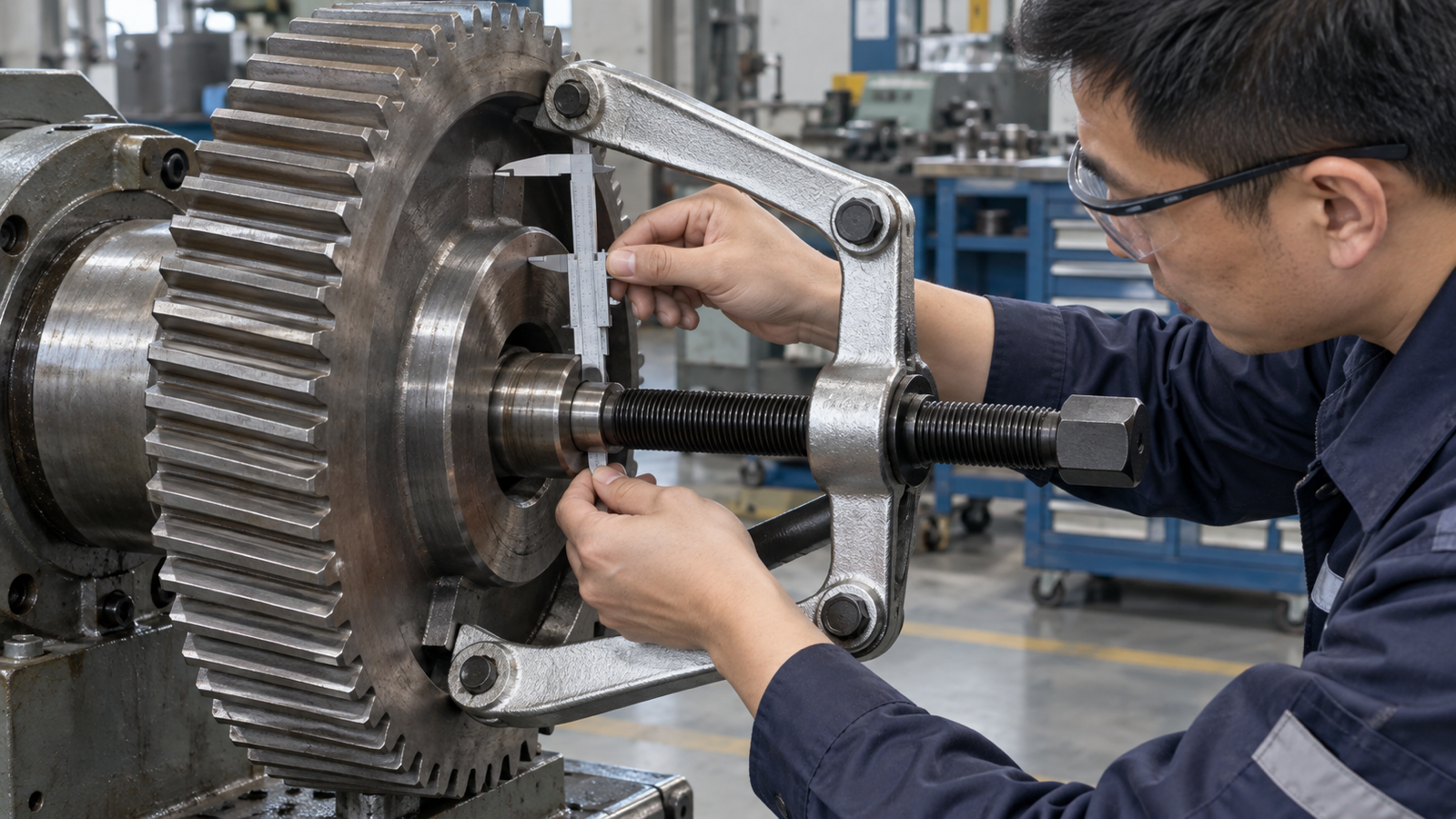 Chinese engineer checking a gear puller beside a gear with a strong hub