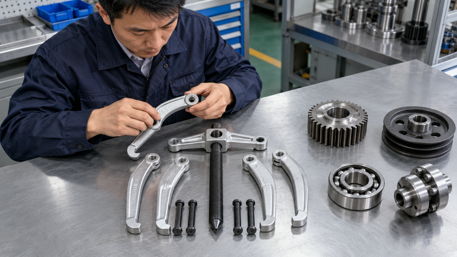 Reversible puller parts reviewed beside gears bearings pulleys and couplings
