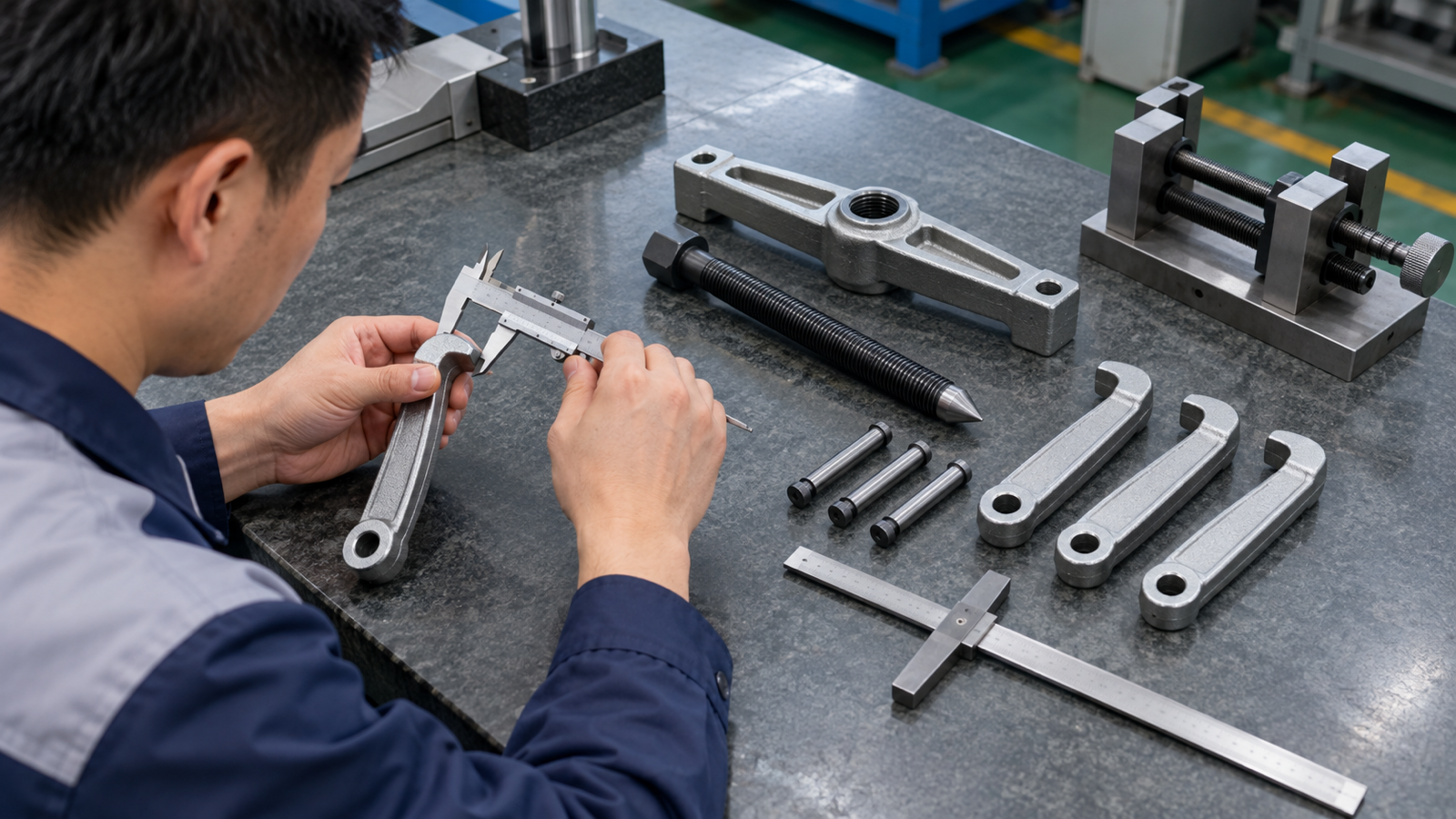 Chinese metrology engineer measuring unloaded puller jaws and centre screw