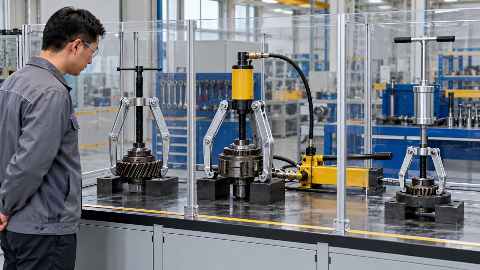 Mechanical hydraulic and slide hammer puller systems in a guarded test area