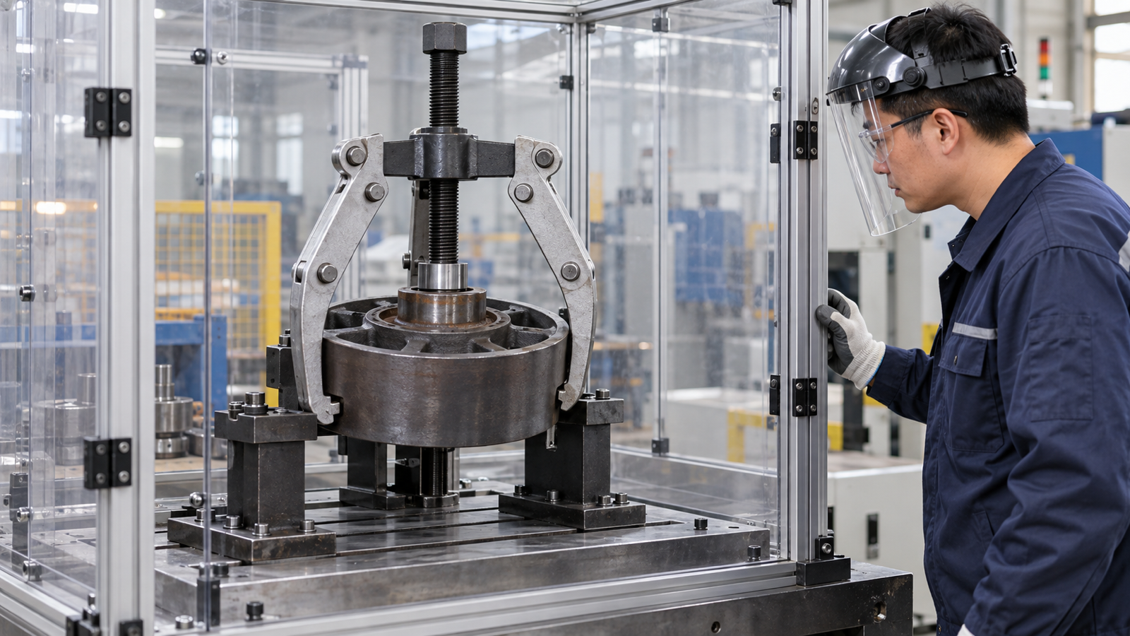 Chinese safety engineer inspecting a guarded gear puller test setup