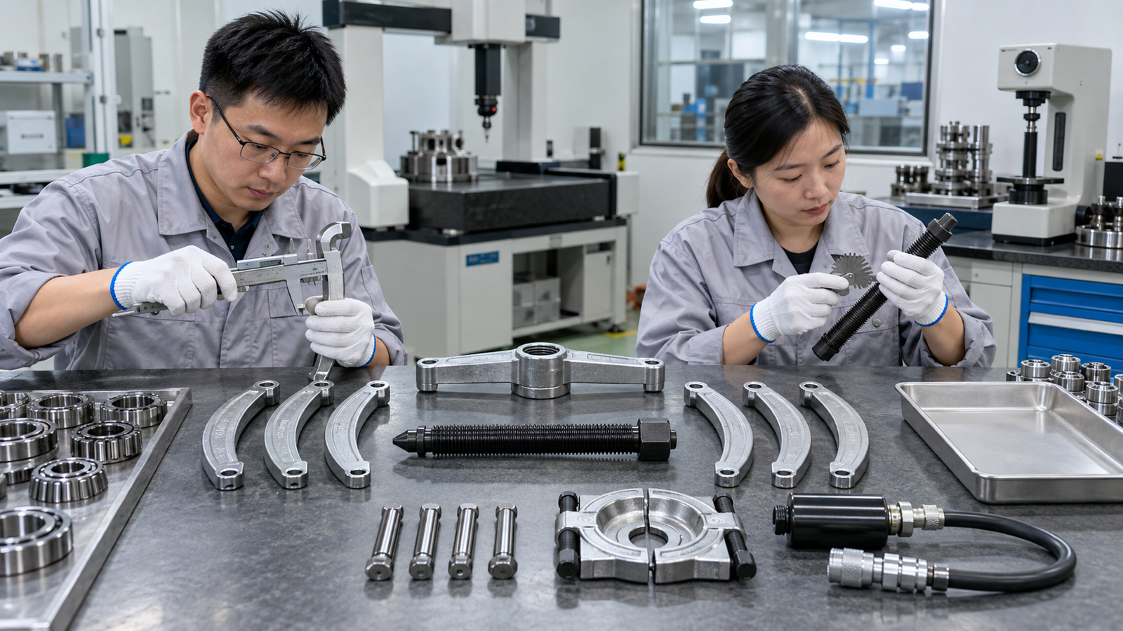 Chinese factory inspectors checking puller jaws threads pins and separator parts