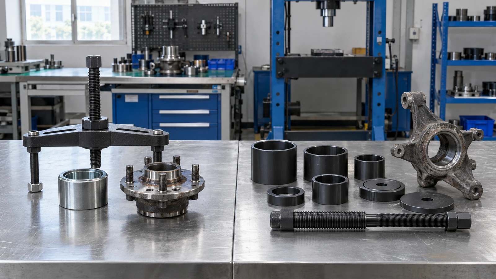 Hub puller and bearing press components arranged as two separate methods