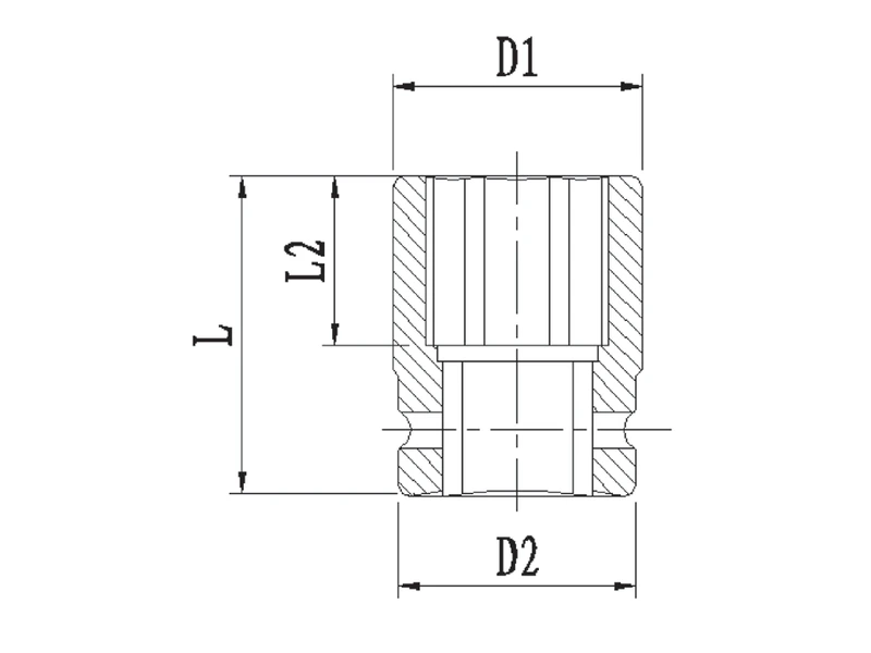 Socket section drawing with D1, D2, L and L2 dimension arrows
