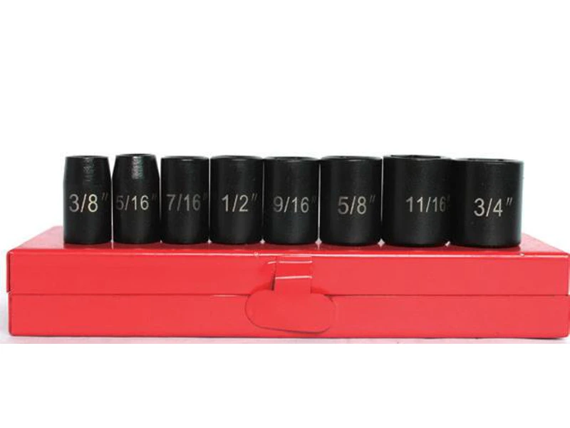 Dark sockets arranged on a red metal case