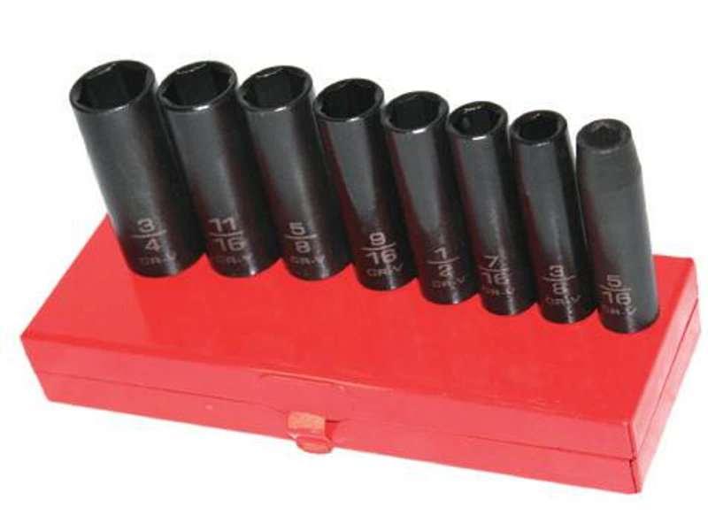 Dark deep sockets arranged on a red metal case