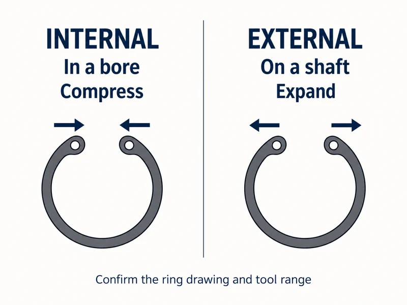Internal snap ring pliers compress a ring in a bore; external pliers expand a ring over a shaft