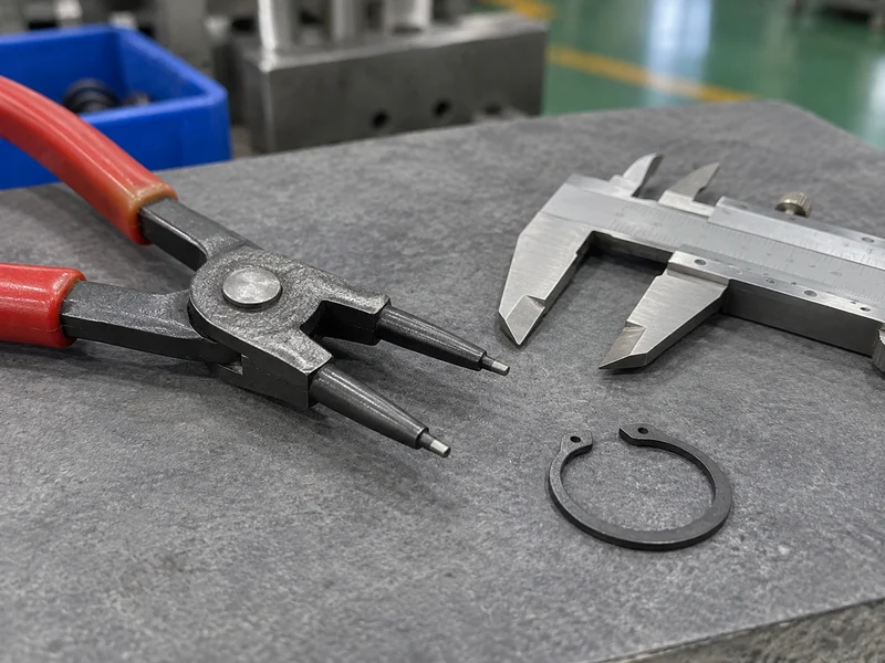 Snap ring plier pin tips beside measuring tools at a factory inspection bench