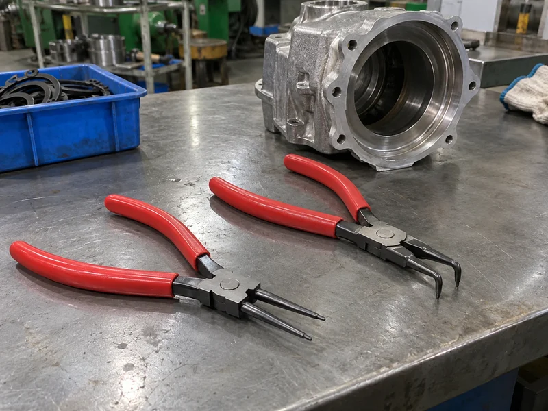 Straight and bent snap ring pliers laid beside a recessed metal housing