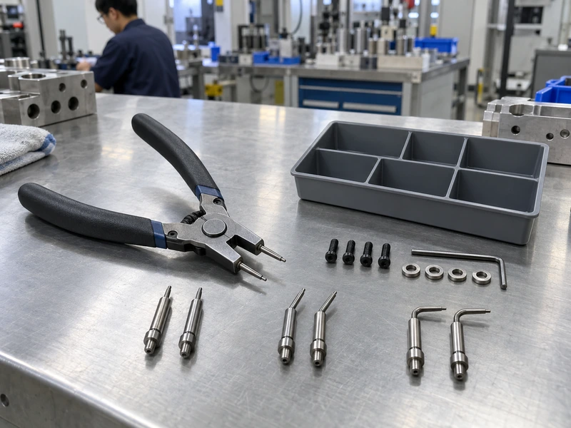 Snap ring plier body with separate straight and angled replacement pin tips on a factory service bench