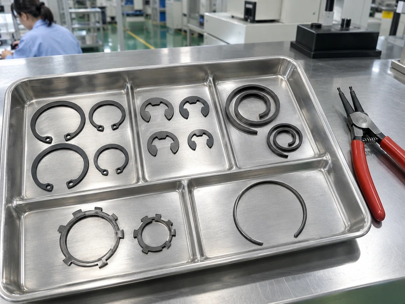 Different retaining ring designs arranged in separate compartments of a stainless inspection tray beside a two-pin snap-ring plier