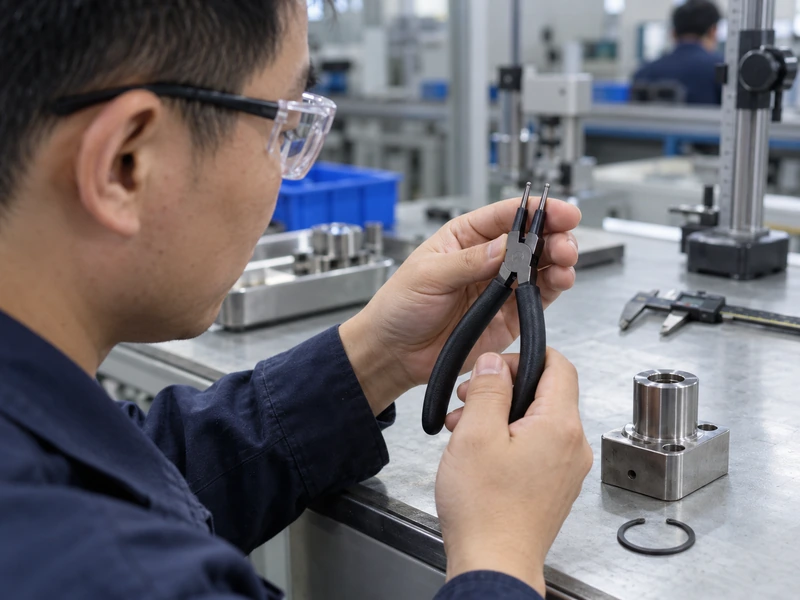 Asian QC inspector in safety glasses examining narrow two-pin snap-ring plier tips at a factory inspection station