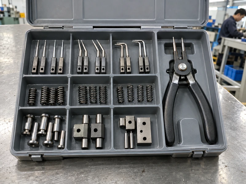 Organized replacement snap-ring plier tips, springs, fasteners, and conversion parts in an open service organizer
