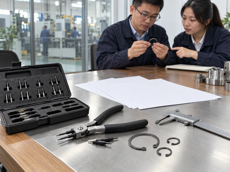 Snap-ring plier sample kit and blank RFQ sheets on a B2B review bench with Asian procurement staff in the background