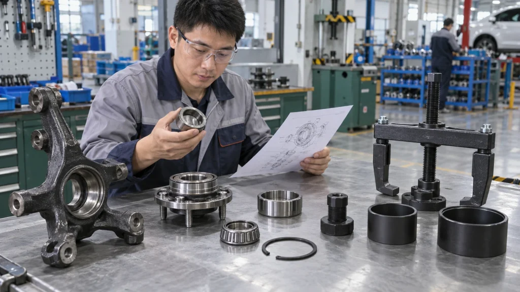 Technician compares wheel hub and bearing components before selecting a puller