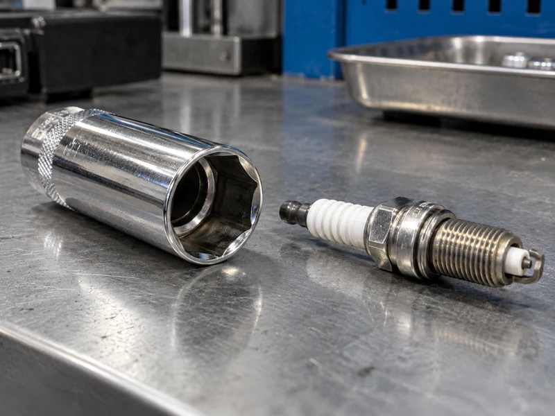 Empty deep magnetic spark-plug socket mouth and a separate correctly oriented spark plug