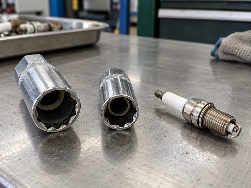 Spark plug and two socket styles with ceramic visible