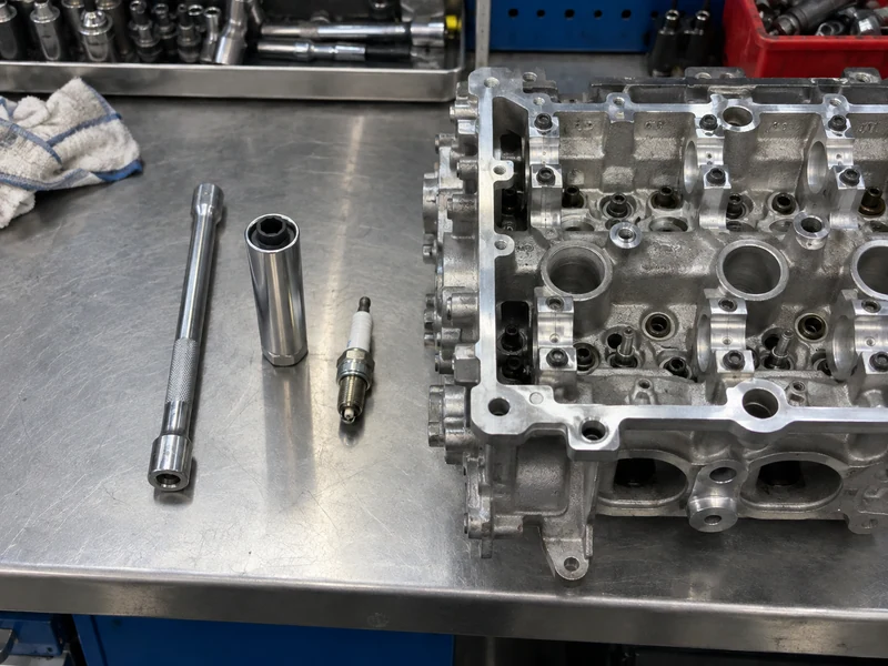 Spark-plug socket, extension, and empty engine-head well mockup