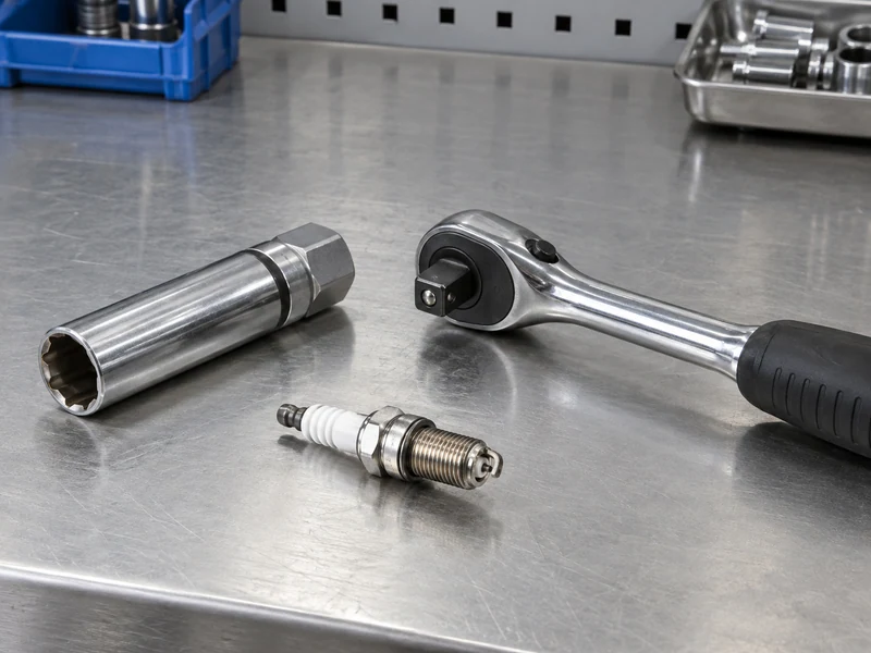Spark-plug socket and hand ratchet arranged separately beside an intact plug
