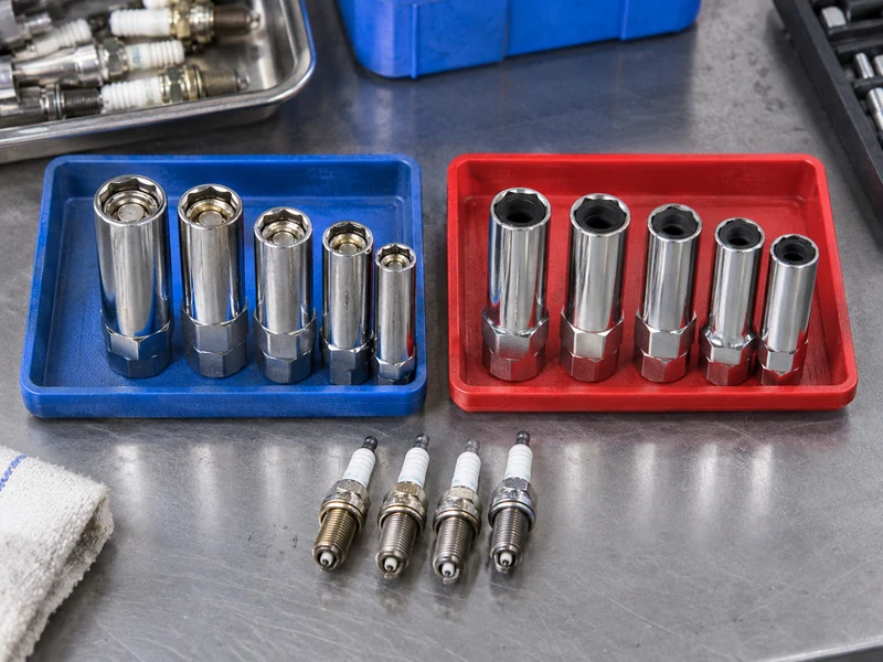 Spark-plug sockets in magnetic and rubber styles organized in trays