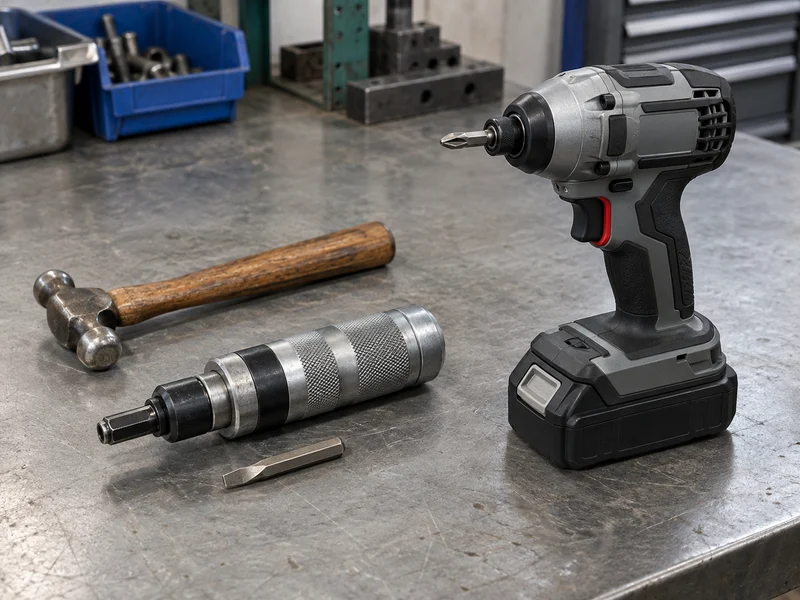 Hammer-struck manual impact screwdriver beside a cordless impact driver