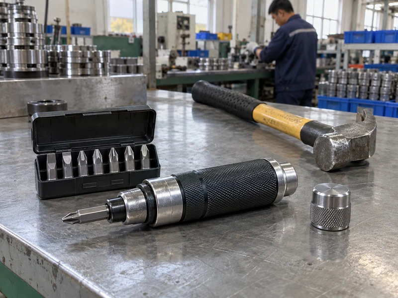 Manual impact screwdriver, compatible bits, and hammer arranged on a factory workbench