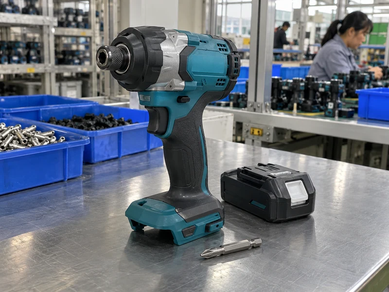Cordless impact driver and detached battery arranged on an inspection bench