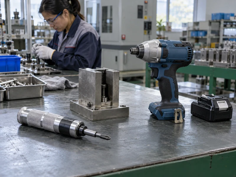 Manual and cordless impact drivers shown separately beside a clearance fixture