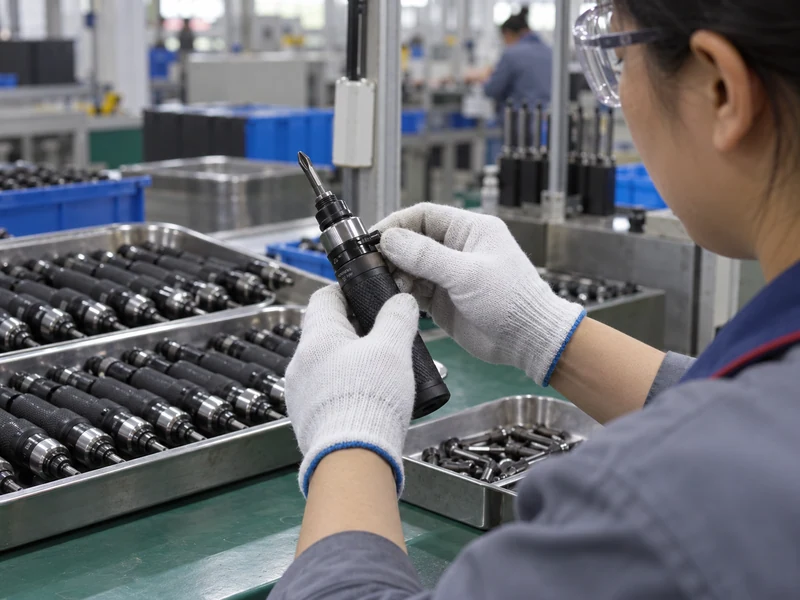 QC technician inspects a manual impact screwdriver and its bit holder