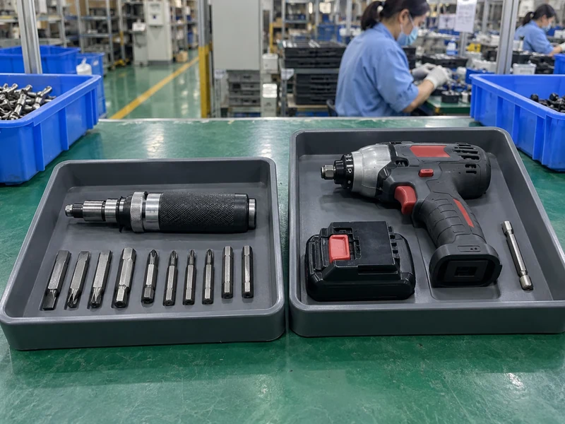 Manual and cordless impact driver samples separated in a distributor assortment