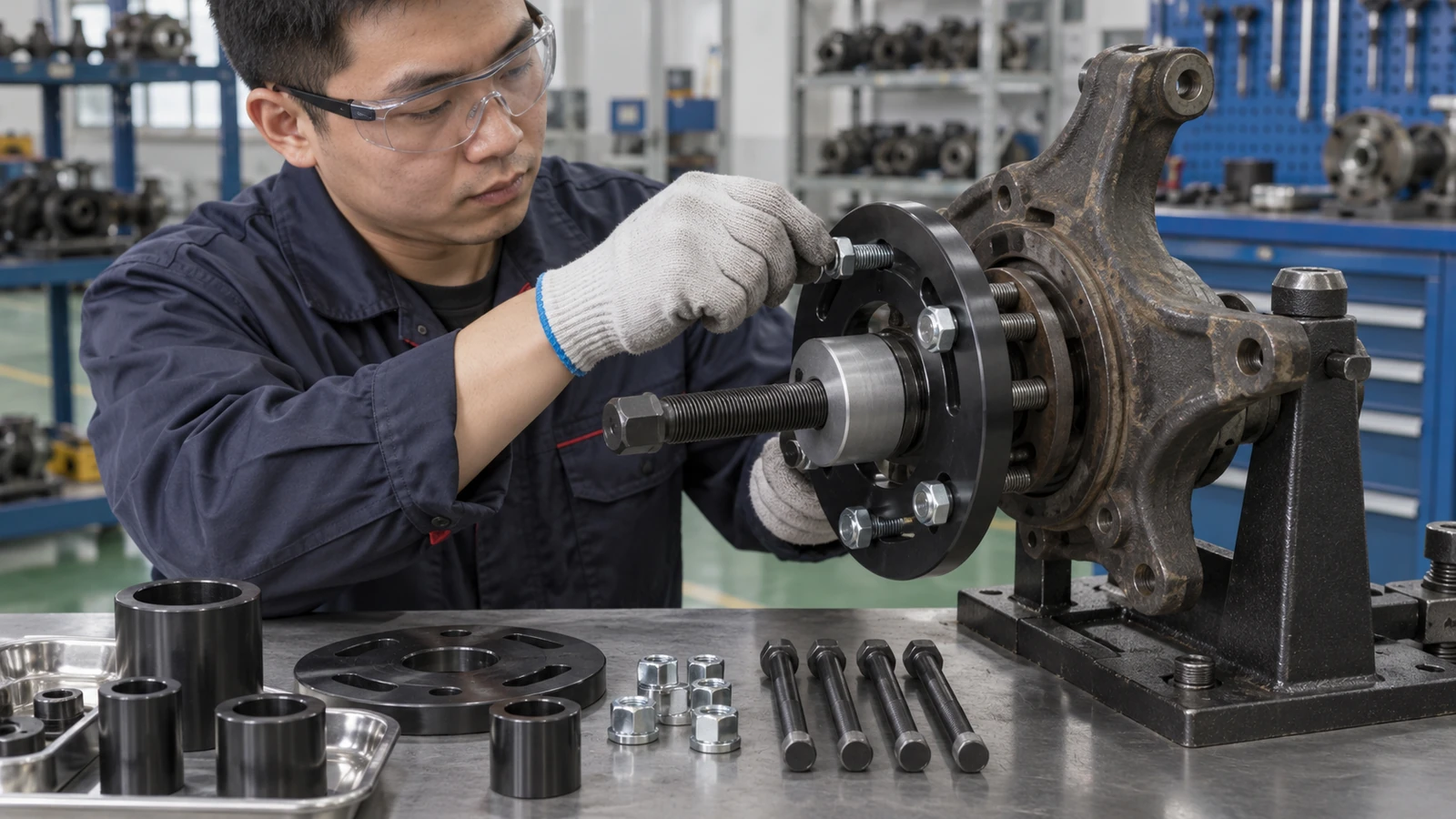 Technician hand-tightens a hub puller plate on a wheel hub test fixture