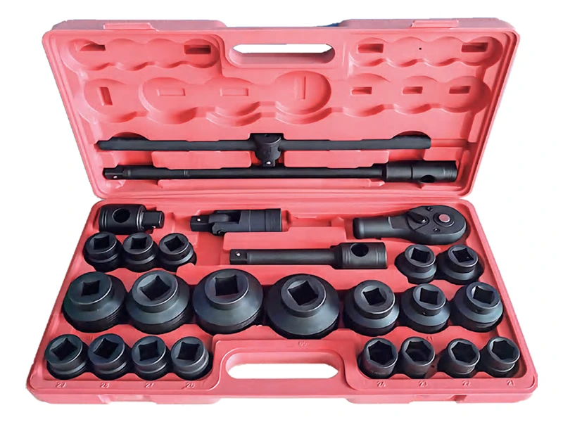Mixed-drive sockets and accessories arranged in an open red case