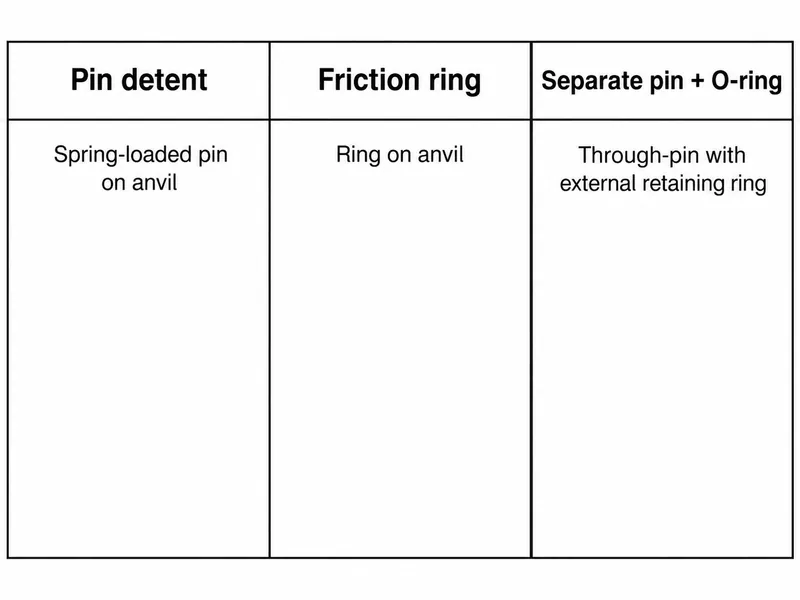 Comparison of pin detent, friction ring, and separate pin-and-O-ring retention