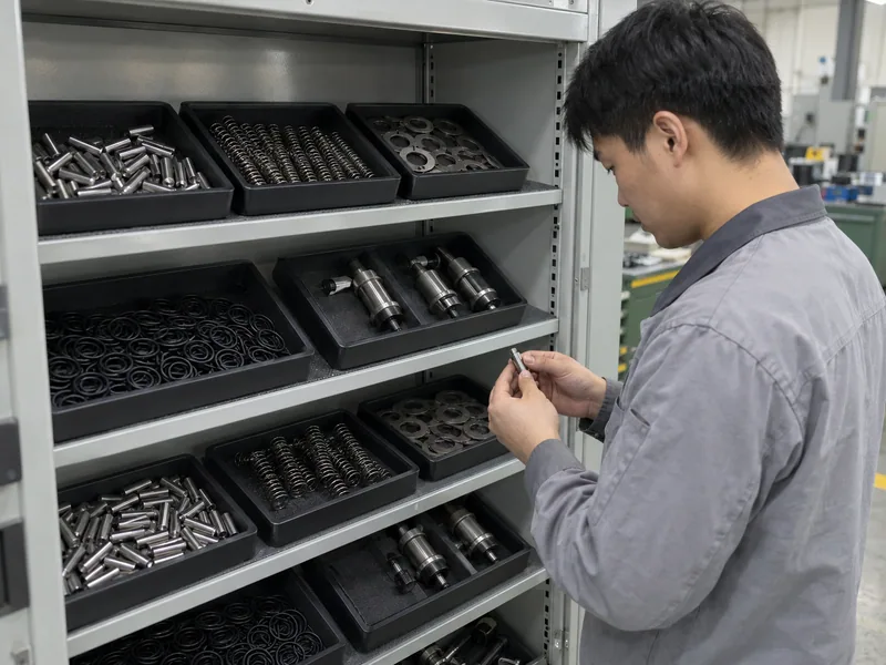 Separated spare pins rings O-rings and release tools