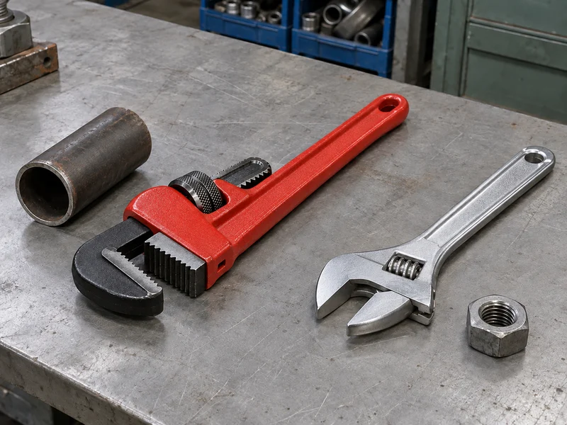 Unmarked pipe wrench and adjustable wrench beside round pipe and hex nut