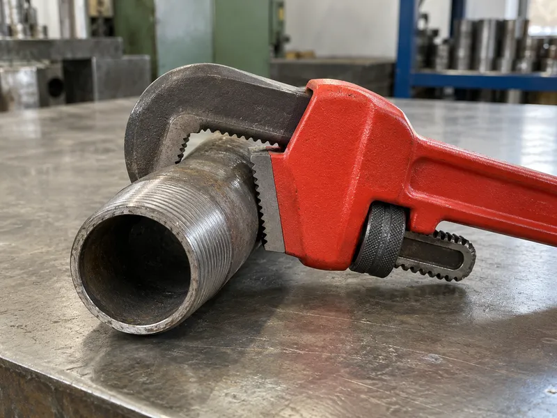Red-handled pipe wrench fitted around round threaded pipe