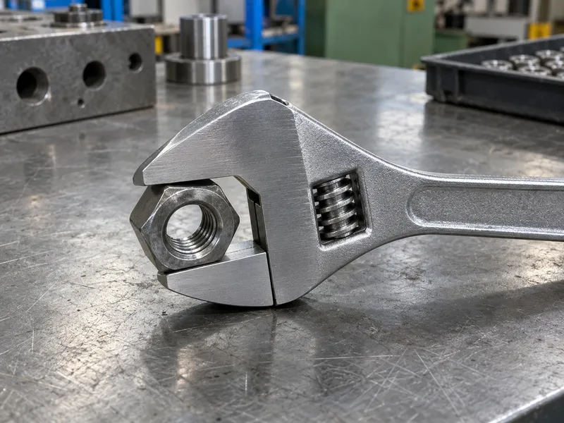 Adjustable wrench positioned across the flats of a hex nut