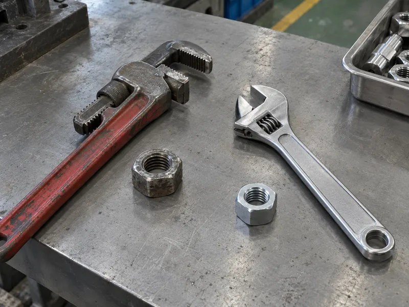 Pipe wrench and adjustable wrench lie separately beside hex nuts