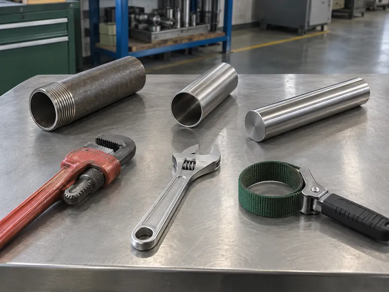 Pipe wrench, adjustable wrench and strap wrench beside round work samples