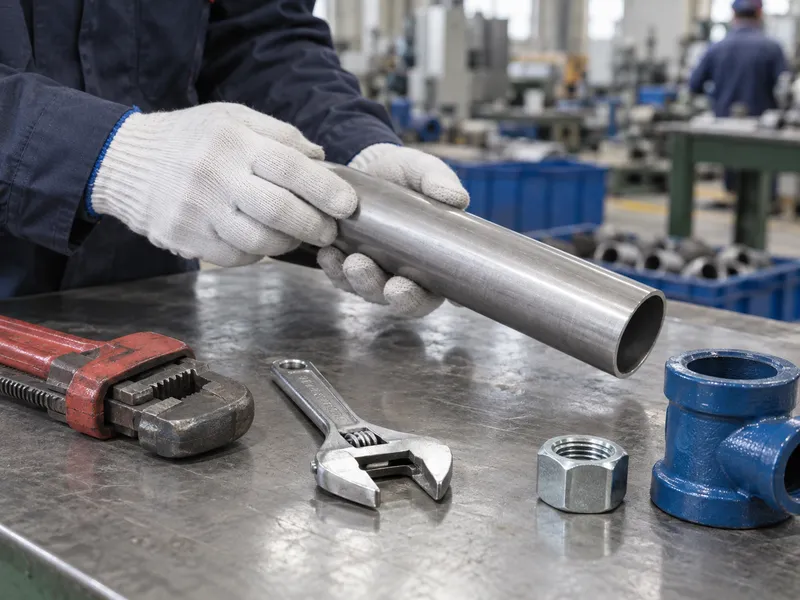 Gloved hands inspect a thin-wall tube beside pipe and adjustable wrenches