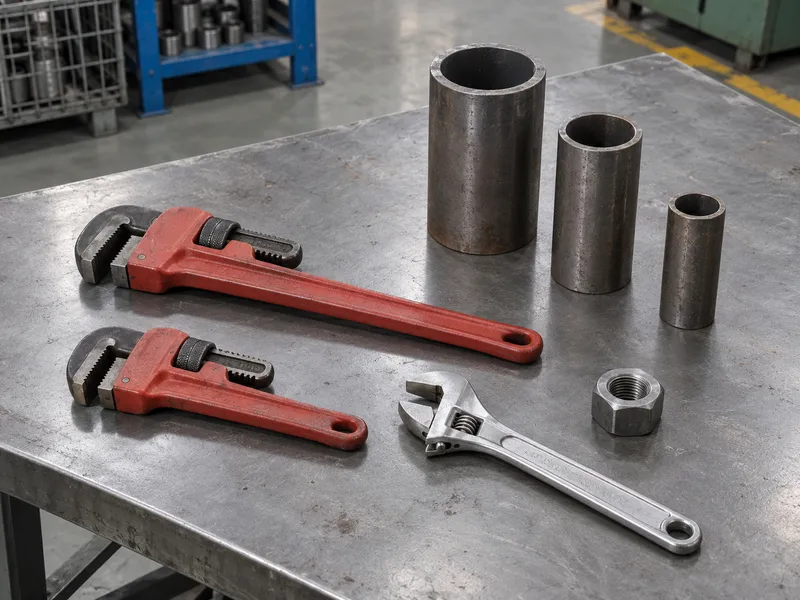 Two pipe wrenches and an adjustable wrench beside round pipe samples and a hex nut