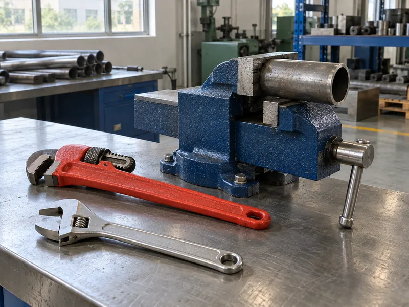Pipe wrench and adjustable wrench rest beside a pipe secured in a bench vise