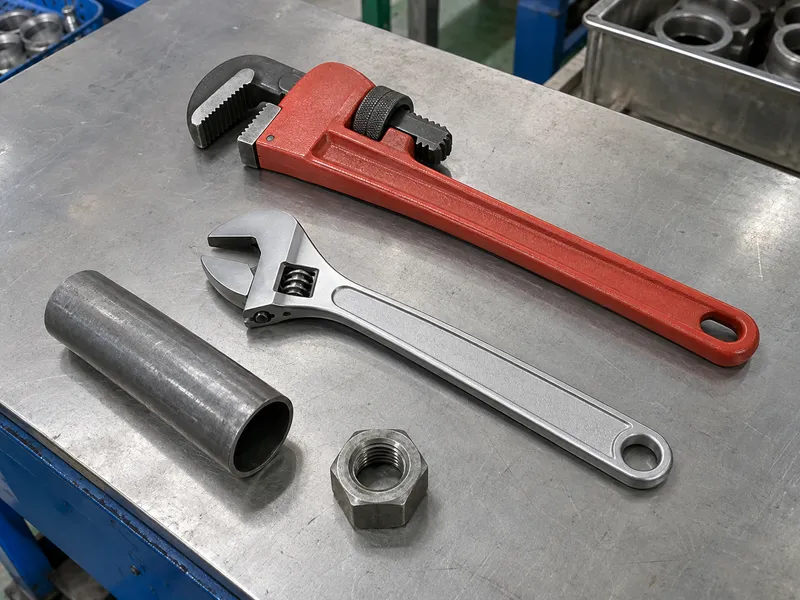 Pipe wrench and adjustable wrench with pipe and hex nut on a clean inspection bench