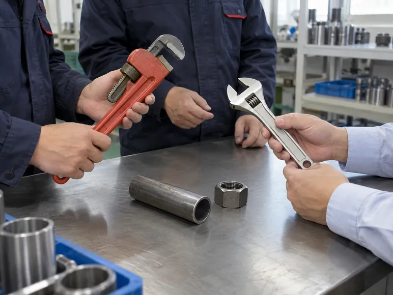 Cropped hands compare a pipe wrench and adjustable wrench above round pipe and hex nut
