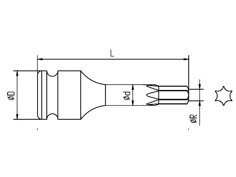Torx bit socket drawing with a six-lobe end profile and dimension arrows