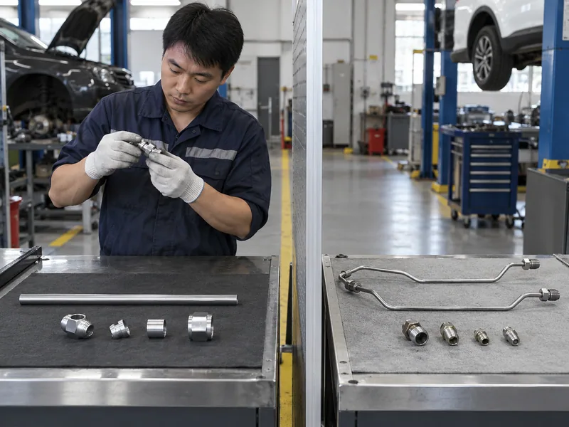 Technician reviewing tube fittings and formed tube samples
