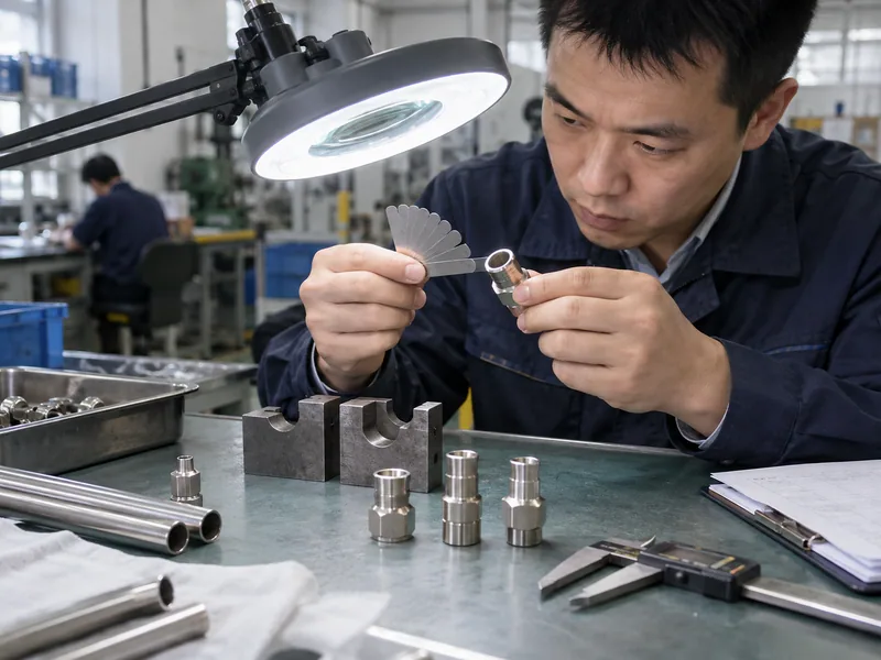 Factory inspector checking flare angle and sample fit
